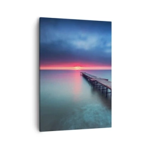 Bild auf Leinwand - Leinwandbild - Ein Holzsteg, der bei Sonnenuntergang direkt aufs Meer hinausführt - 50x70cm - Zwischen Himmel und Erde - Moderne Wanddekoration für Wohnzimmer und Schlafzimmer ARTTOR