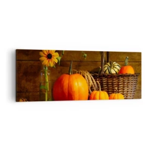 Bild auf Leinwand - Leinwandbild - Herbstkomposition mit Kürbissen und Blumen auf Holzhintergrund - 140x50cm - Eine rustikale Komposition - Geschenke des Herbstes - Moderne Wanddekoration für Wohnzimmer und Schlafzimmer ARTTOR