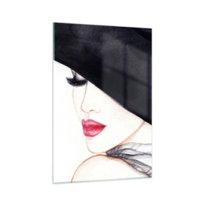 Glasbild - Bild auf glas - Eine subtile Illustration einer Frau mit schwarzem Hut und roten Lippen - 70x100cm - Eleganz und Sinnlichkeit - Moderne Wanddekoration für Wohnzimmer und Schlafzimmer ARTTOR