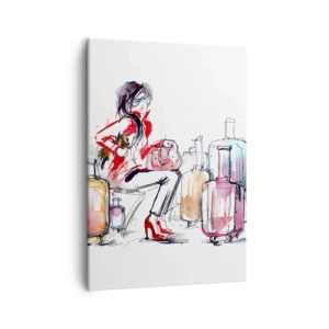 Bild auf Leinwand - Leinwandbild - Eine Frau mit Koffern in einer dynamischen Aquarellillustration - 50x70cm - Setzen wir uns vor der Reise hin - Moderne Wanddekoration für Wohnzimmer und Schlafzimmer ARTTOR