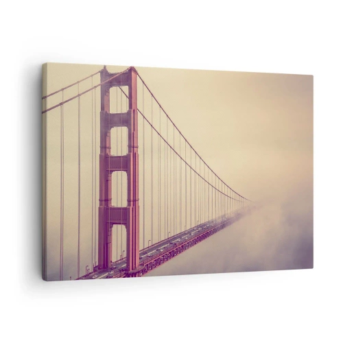 Bild auf Leinwand - Leinwandbild - Eine Brücke im Nebel in Pastelltönen, ein Symbol für Eleganz und Frieden - 70x50cm - Zwischen Himmel und Erde - Moderne Wanddekoration für Wohnzimmer und Schlafzimmer ARTTOR