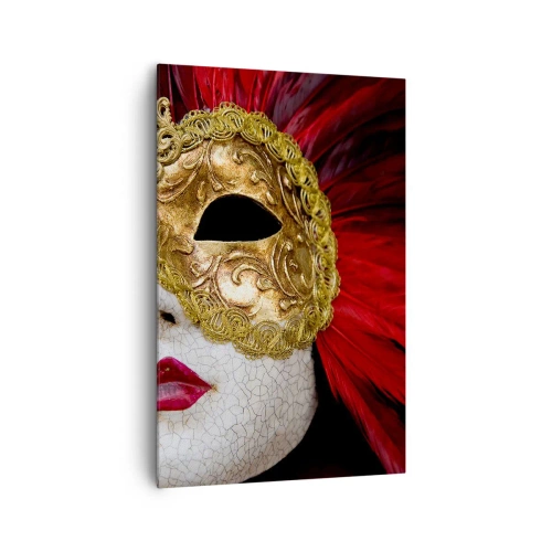 Bild auf Leinwand - Leinwandbild - Goldene venezianische Maske mit roten Federn - 80x120cm - Das Versprechen eines Karnevalsabenteuers - Moderne Wanddekoration für Wohnzimmer und Schlafzimmer ARTTOR