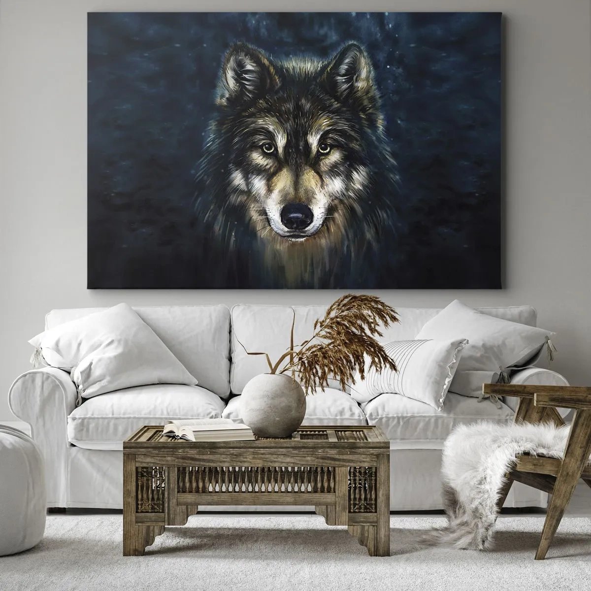 Bild auf Leinwand - Leinwandbild - Porträt eines Wolfes auf dunkelblauem Hintergrund - 100x70cm - Alpha? Und Omega - Moderne Wanddekoration für Wohnzimmer und Schlafzimmer ARTTOR