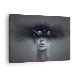 Bild auf Leinwand - Leinwandbild - Ein Frauengesicht mit einem Planeten- und Weltraummotiv im Hintergrund - 70x50cm - Und die Planeten spielen verrückt ... - Moderne Wanddekoration für Wohnzimmer und Schlafzimmer ARTTOR