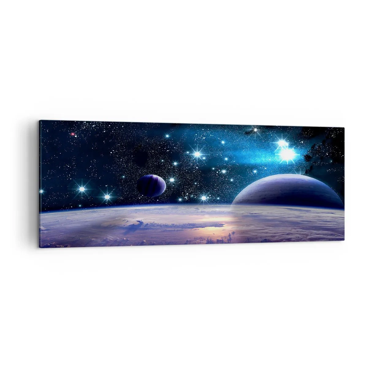 Bild auf Leinwand - Leinwandbild - Ein Blick in den Weltraum mit Planeten und Sternen - 140x50cm - Noch allein? - Moderne Wanddekoration für Wohnzimmer und Schlafzimmer ARTTOR