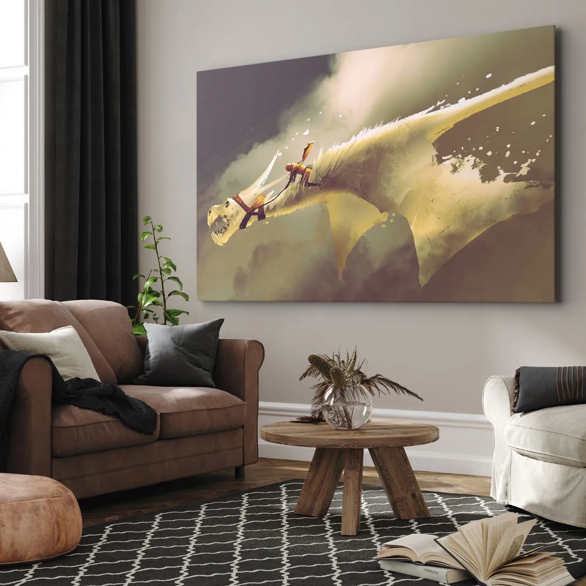 Bild auf Leinwand - Leinwandbild - Illustration eines Drachenreiters in einer Fantasy-Wolkenlandschaft - 120x80cm - Die Welt zur Rettung - Moderne Wanddekoration für Wohnzimmer und Schlafzimmer ARTTOR