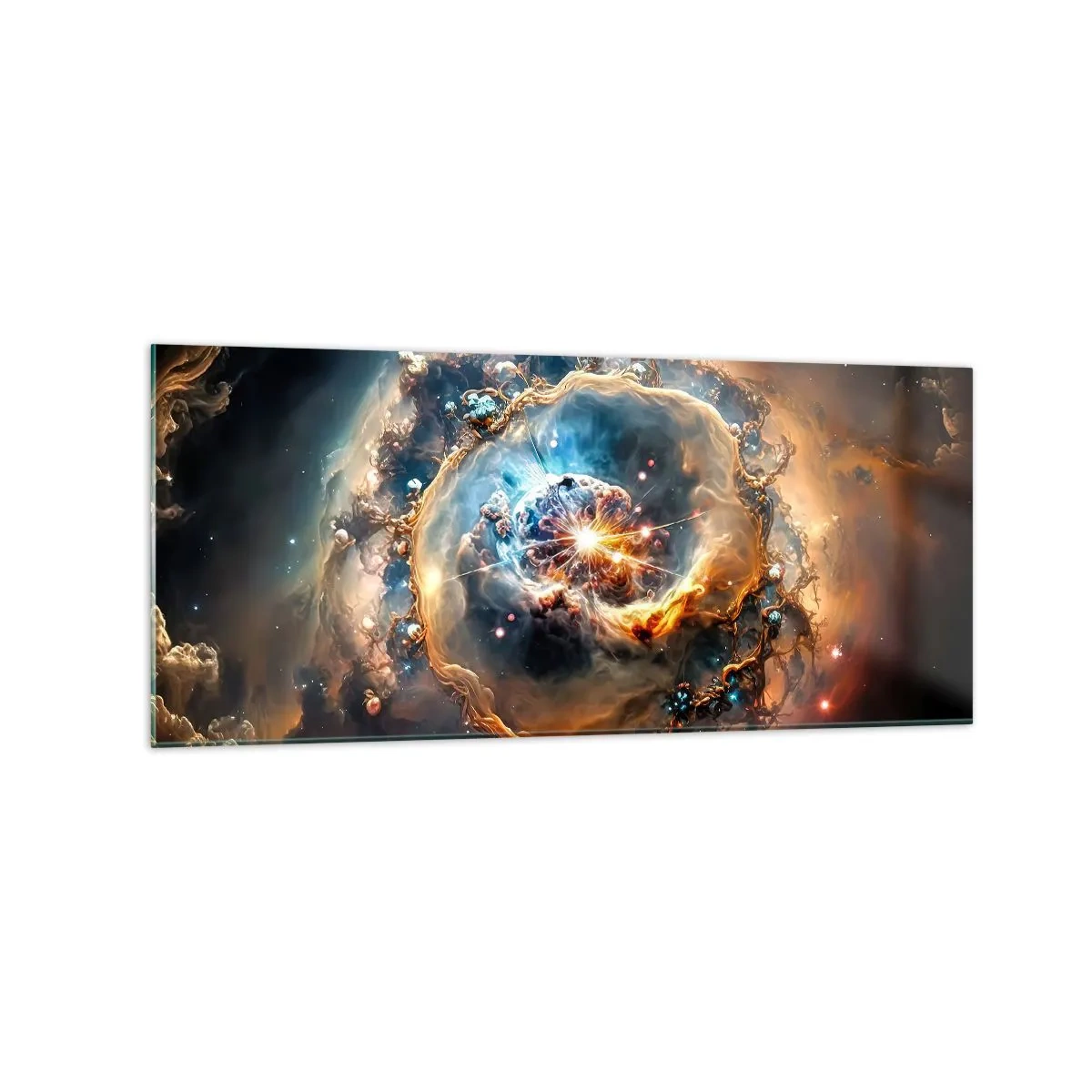 Glasbild - Bild auf glas - Eine abstrakte Vision einer kosmischen Explosion in Gold- und Blautönen. - 120x50cm - Anfang - Moderne Wanddekoration für Wohnzimmer und Schlafzimmer ARTTOR
