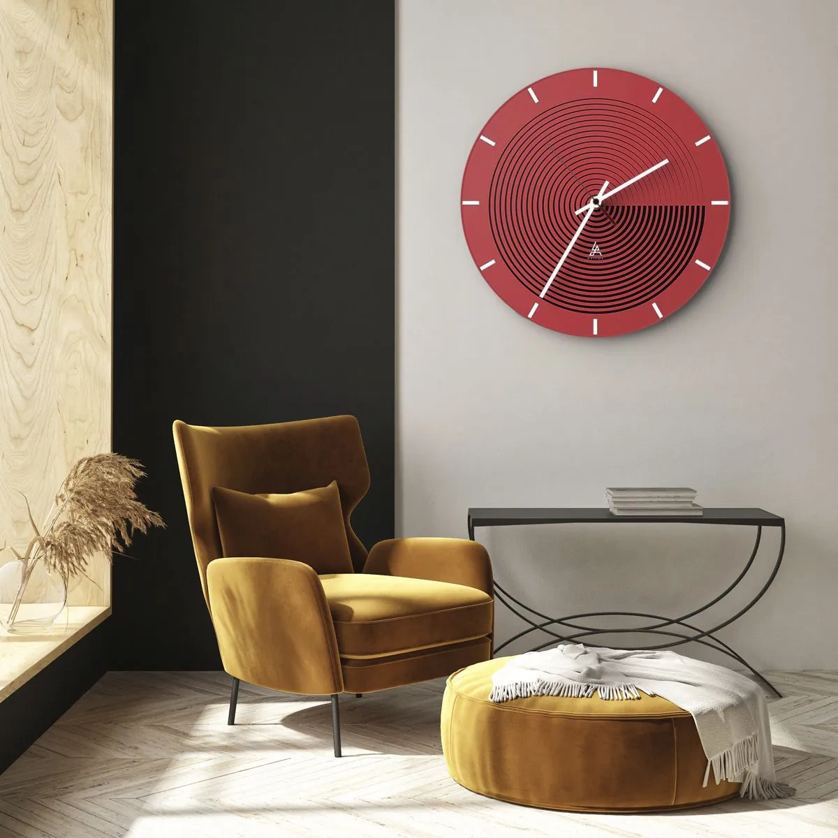 Wanduhr - Glasuhr - Roter Hintergrund mit schwarzen konzentrischen Kreisen und Kontrast - 30x30cm - Kreisbewegung - Moderne Wanddekoration für Wohnzimmer, Küche und Schlafzimmer ARTTOR