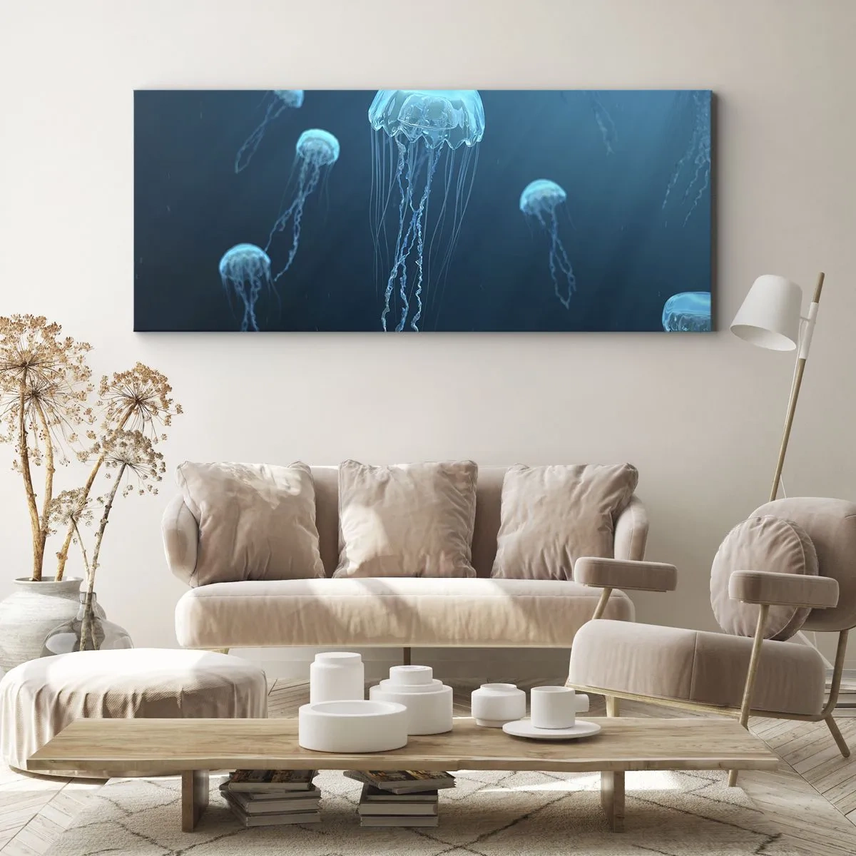 Bild auf Leinwand - Leinwandbild - Quallen schwimmen in den Tiefen des Ozeans in Blautönen - 160x50cm - Ozeantanz - Moderne Wanddekoration für Wohnzimmer und Schlafzimmer ARTTOR