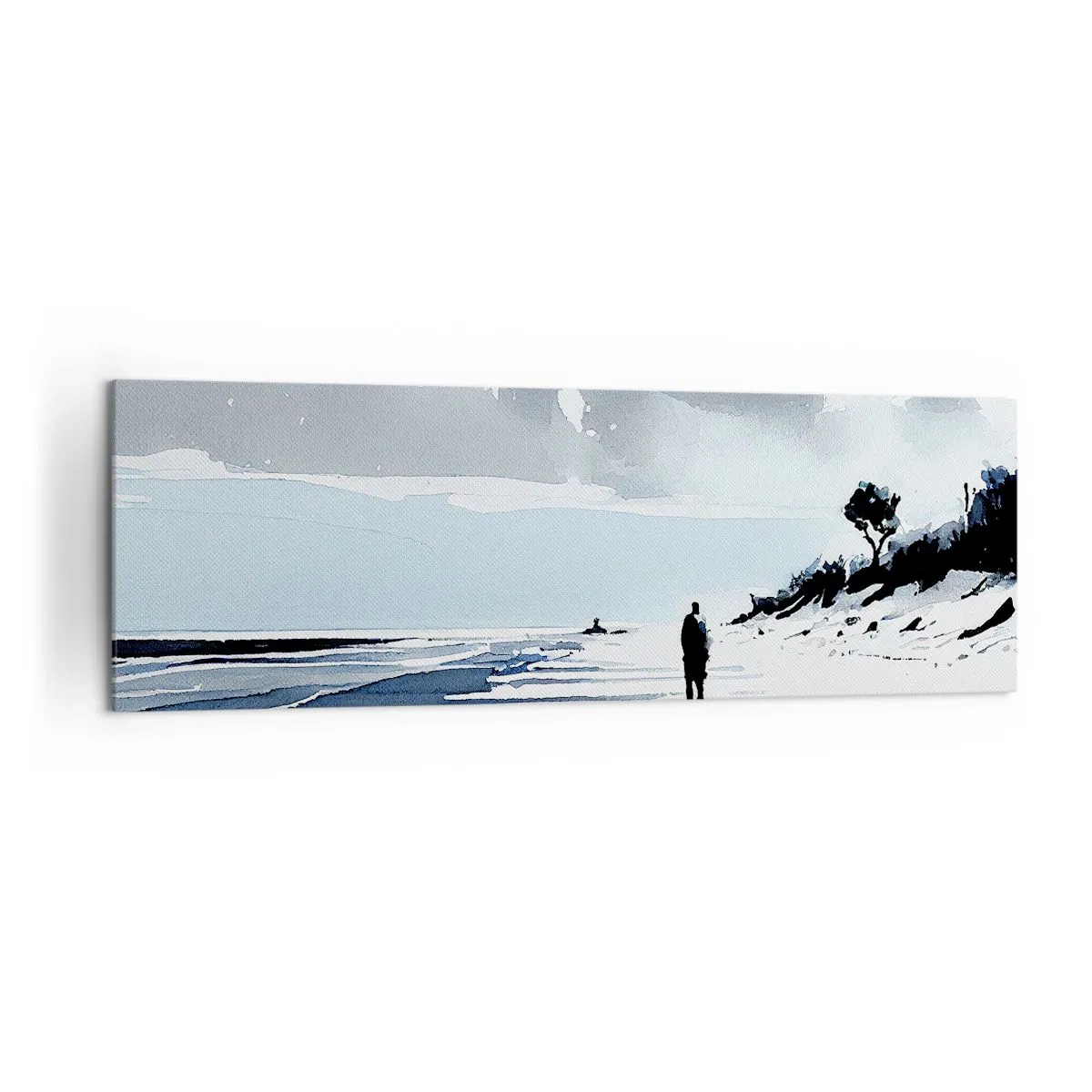Bild auf Leinwand - Leinwandbild - Eine einsame Gestalt, die an einem leeren Strand entlanggeht - 160x50cm - Allein sein - Moderne Wanddekoration für Wohnzimmer und Schlafzimmer ARTTOR