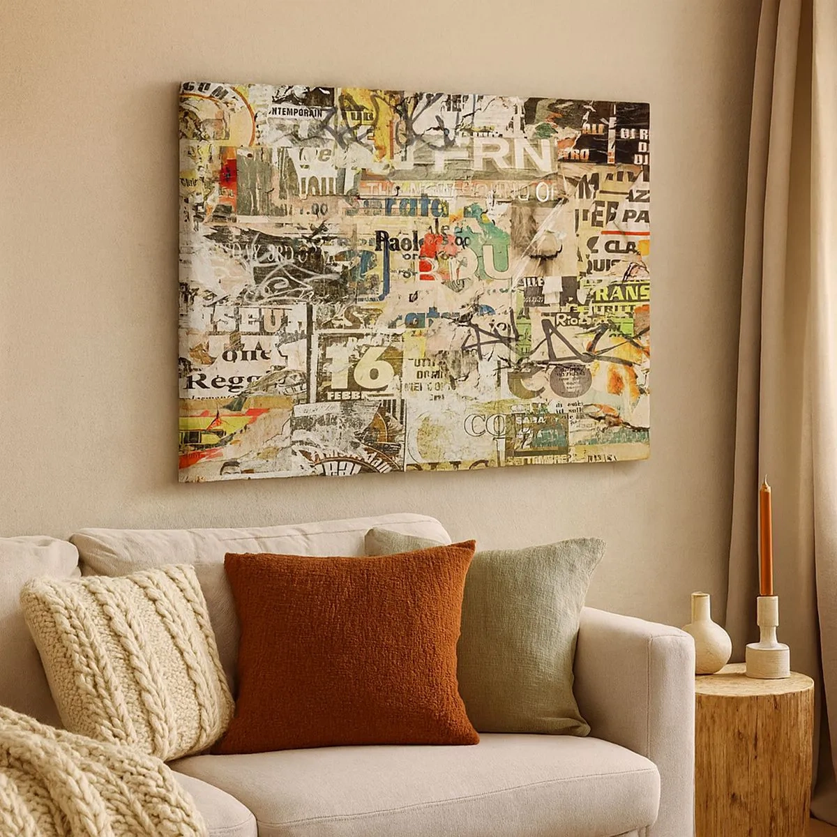 Bild auf Leinwand - Leinwandbild - Eine Collage aus Zeitungs- und Plakatfragmenten im künstlerischen Stil. - 70x50cm - Ach, es passiert... - Moderne Wanddekoration für Wohnzimmer und Schlafzimmer ARTTOR