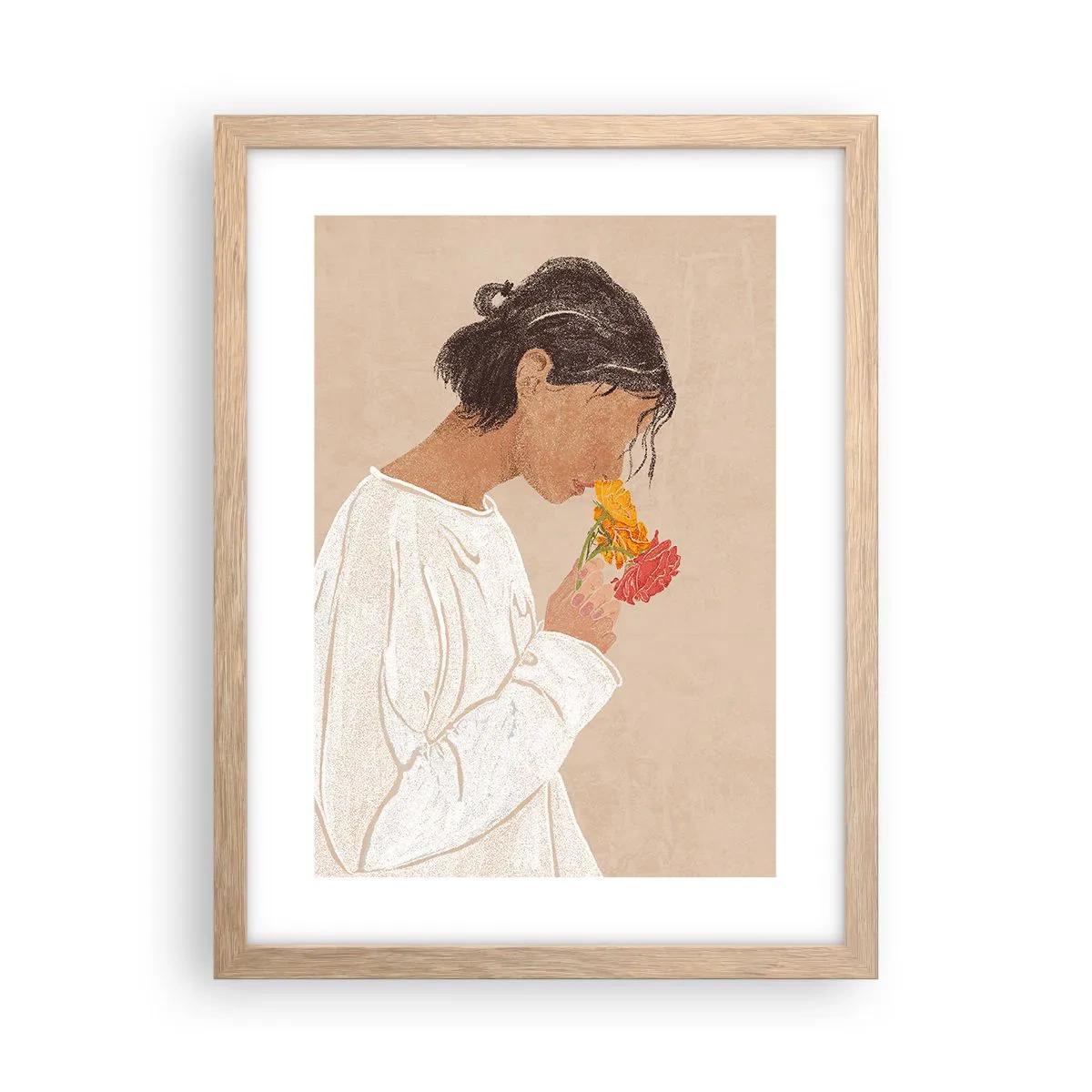 Poster in einem Rahmen aus heller Eiche - Mädchen und Blumen - 30x40 cm