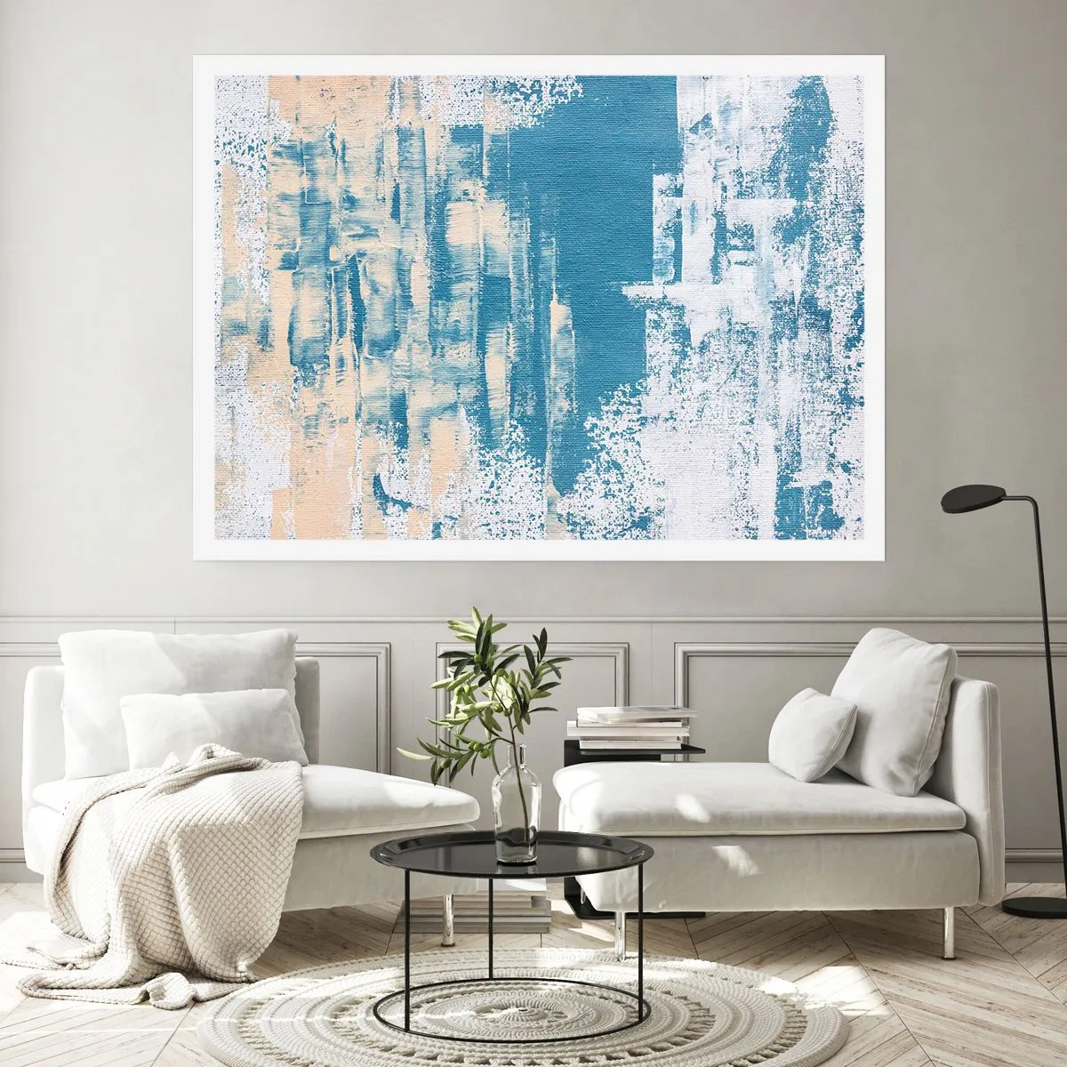 Poster - Abstrakte Komposition in Blau- und Weißtönen - 100x70cm - Durch einen Eiszapfen - Moderne Wanddekoration für Wohnzimmer und Schlafzimmer ARTTOR