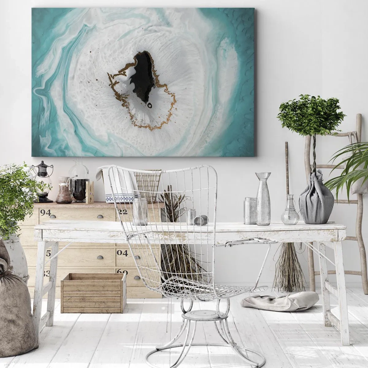 Bild auf Leinwand - Leinwandbild - Abstraktes Geodenmotiv in Türkis-, Weiß- und Goldtönen - 120x80cm - Nach Innen eindringen - Moderne Wanddekoration für Wohnzimmer und Schlafzimmer ARTTOR