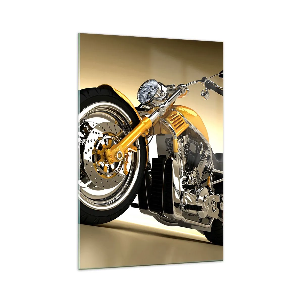 Glasbild - Bild auf glas - Ein gelbes Motorrad im Chopper-Stil vor einer beigen Wand - 70x100cm - Ein Traum von Kraft und Geschwindigkeit - Moderne Wanddekoration für Wohnzimmer und Schlafzimmer ARTTOR