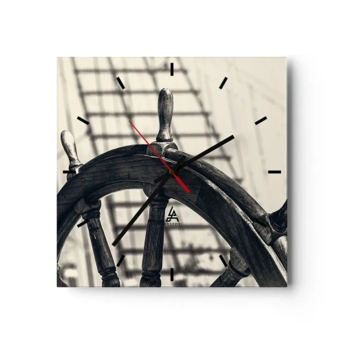 Wanduhr - Glasuhr - Ein Segelruder im Retro-Stil mit einem Schiff im Hintergrund - 30x30cm - Meeresgeschichten - Moderne Wanddekoration für Wohnzimmer und Schlafzimmer ARTTOR