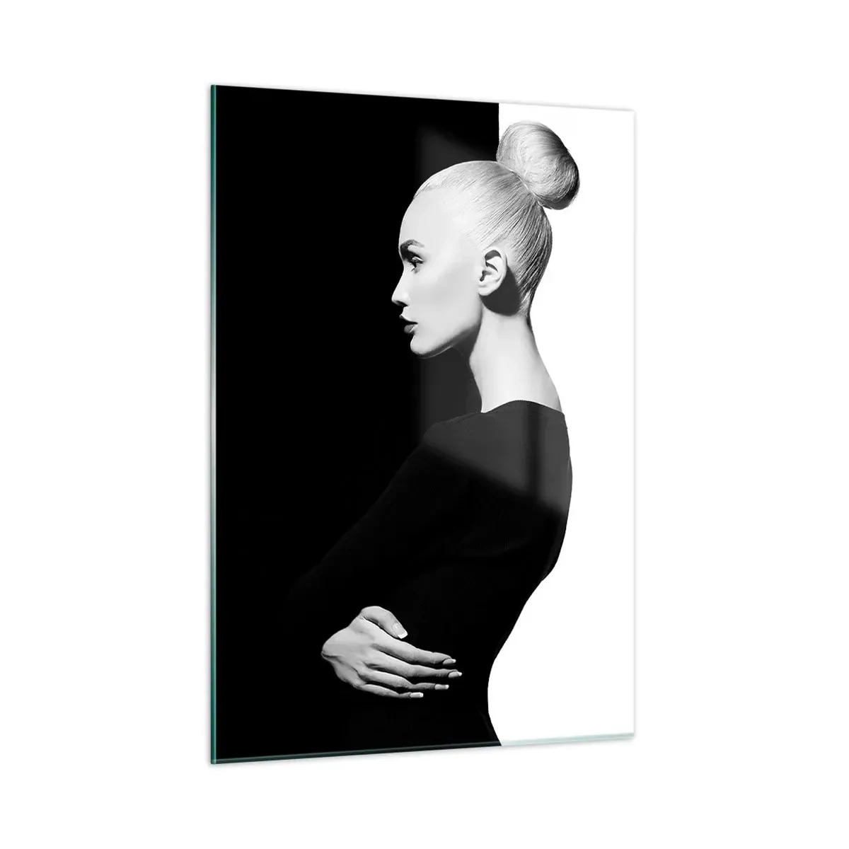 Glasbild - Bild auf glas - Schwarz-Weiß-Porträt einer Frau mit elegantem Dutt - 50x70cm - Einfach eine Frau - Moderne Wanddekoration für Wohnzimmer und Schlafzimmer ARTTOR