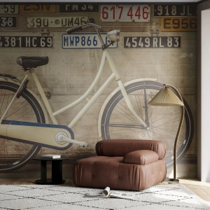 Fototapete Standard Eco - Retro-Fahrrad an einer Wand mit Nummernschildern - 100x70cm - Keine Komplexe - Moderne Wanddekoration für Wohnzimmer und Schlafzimmer ARTTOR