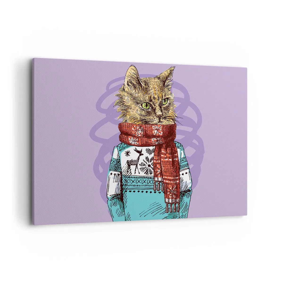 Bild auf Leinwand - Leinwandbild - Eine Katze in Pullover und Schal auf violettem Hintergrund - 100x70cm - Die Katze nicht nur in Schuhen - Moderne Wanddekoration für Wohnzimmer und Schlafzimmer ARTTOR