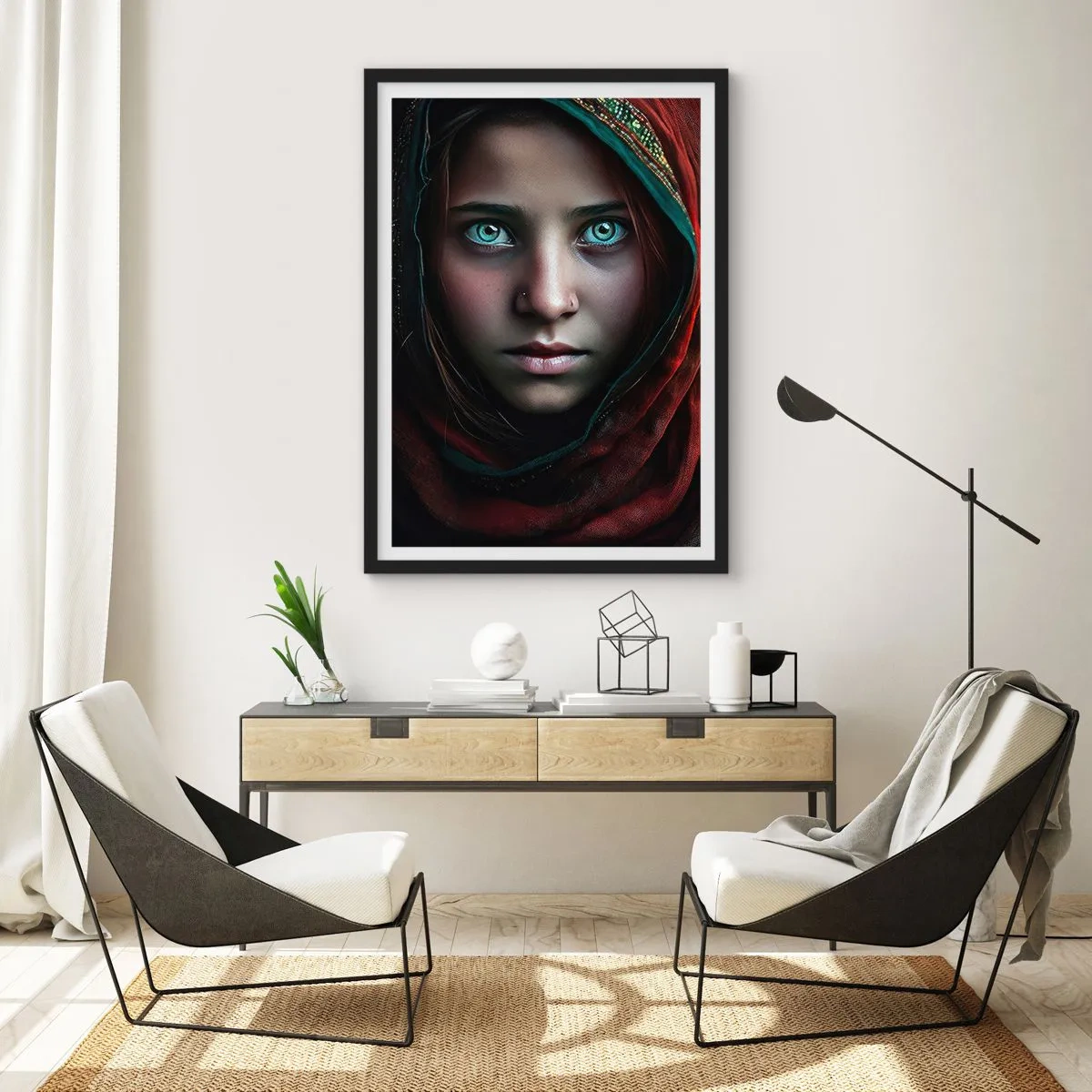 Poster in einem schwarzem Rahmen - Porträt eines Mädchens in einem roten Schal mit hypnotisierenden Augen - 50x70cm - Prinzessin aus dem Osten - Moderne Wanddekoration für Wohnzimmer und Schlafzimmer ARTTOR