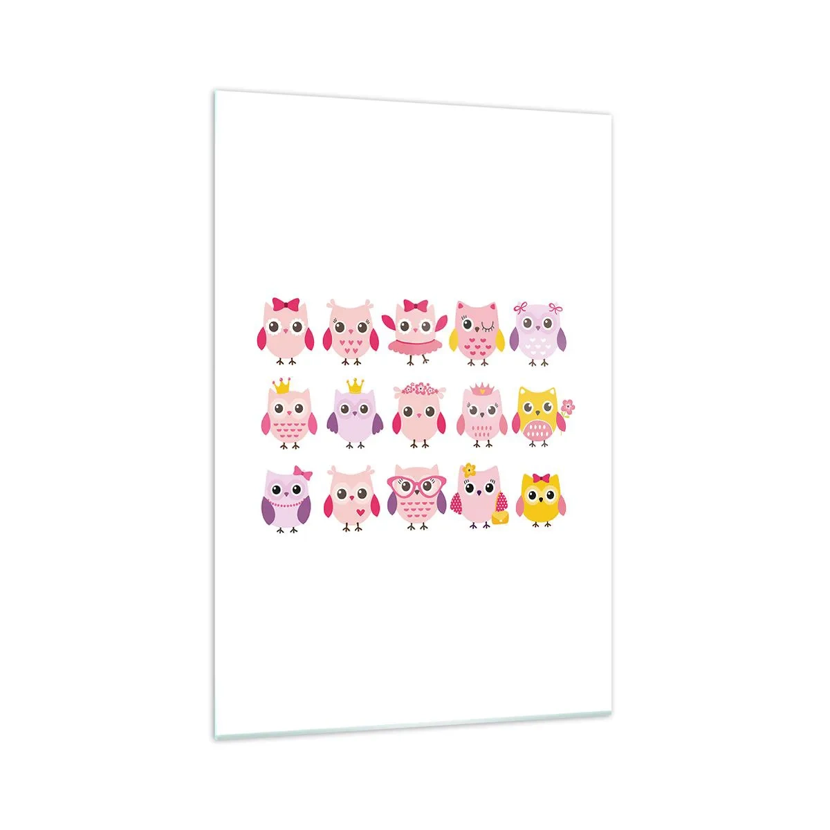 Glasbild - Bild auf glas - Niedliche Eulen in Pastellfarben - 70x100cm - Einer ist süßer als der andere - Moderne Wanddekoration für Wohnzimmer und Schlafzimmer ARTTOR