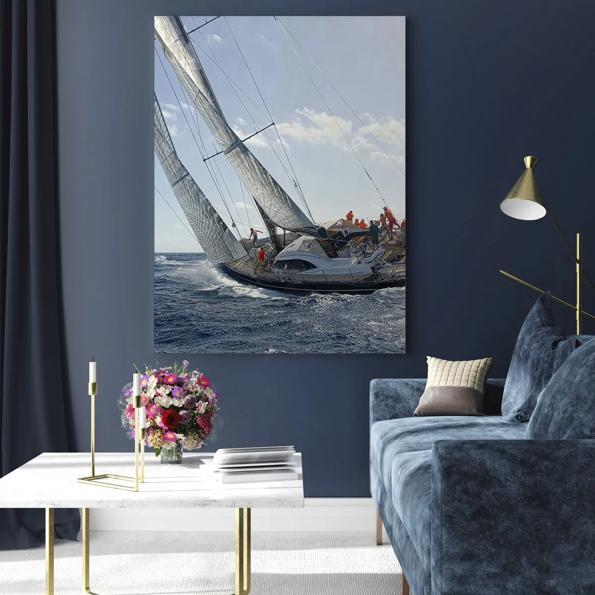 Glasbild - Bild auf glas - Rennyachten auf offener See mit dem Wind in den Segeln - 50x70cm - Lass den Besseren sich durchsetzen - Moderne Wanddekoration für Wohnzimmer und Schlafzimmer ARTTOR