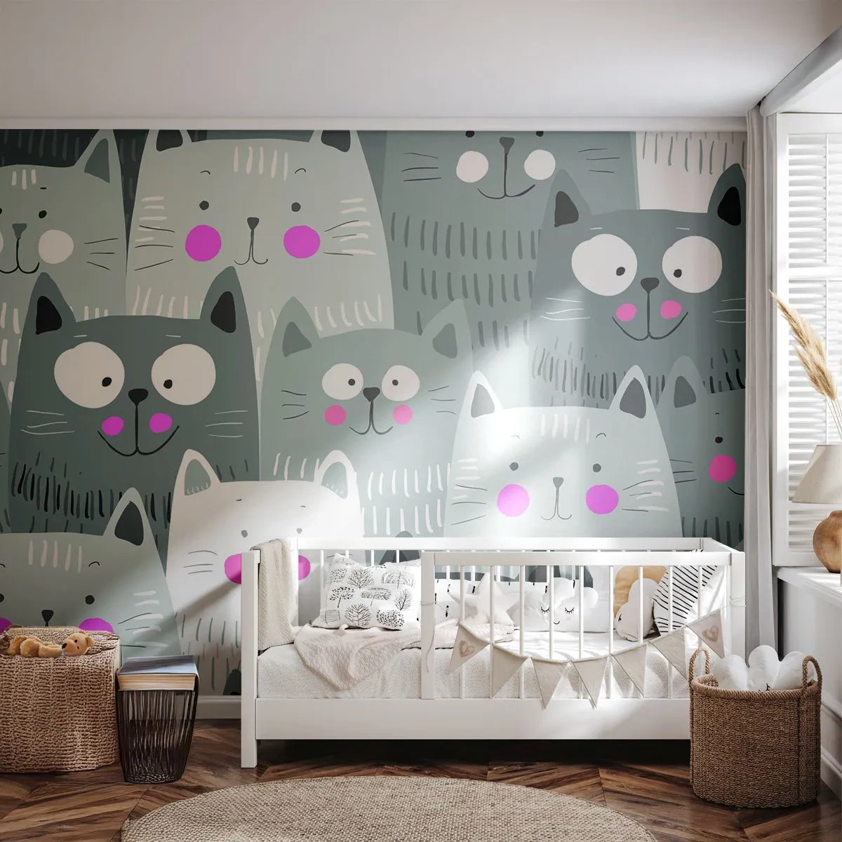 Fototapete Premium Sand - Ein fröhliches Muster mit Katzen in Grau- und Rosatönen - 100x70cm - Katzenwelt - Moderne Wanddekoration für Wohnzimmer und Schlafzimmer ARTTOR