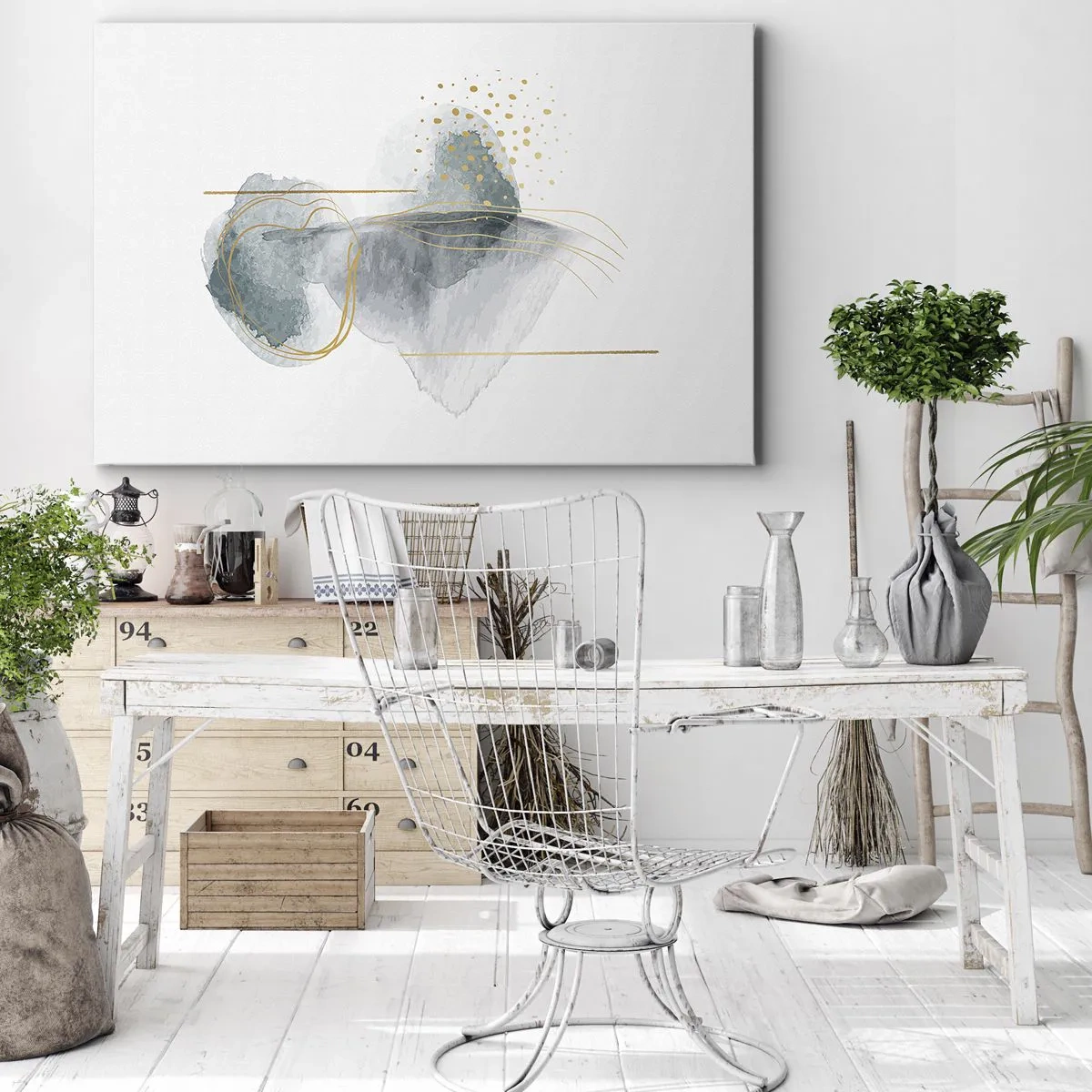 Bild auf Leinwand - Leinwandbild - Eine abstrakte Komposition in Türkis- und Goldtönen. - 100x70cm - Über das Verhältnis von Grau und Gold - Moderne Wanddekoration für Wohnzimmer und Schlafzimmer ARTTOR