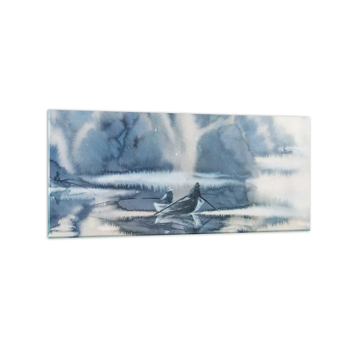 Glasbild - Bild auf glas - Aquarelllandschaft mit Booten auf einem See, umgeben von einem nebligen Wald - 120x50cm - Angler in ihrem Paradies - Moderne Wanddekoration für Wohnzimmer und Schlafzimmer ARTTOR