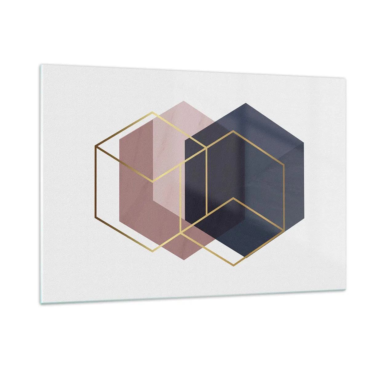 Glasbild - Bild auf glas - Goldene Umrisse von Würfeln vor einem Hintergrund aus marineblauen und rosafarbenen Flächen - 120x80cm - Die Kraft der Einfachheit - Moderne Wanddekoration für Wohnzimmer und Schlafzimmer ARTTOR