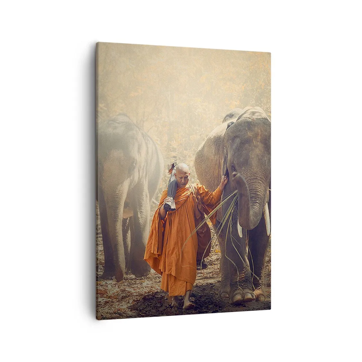 Bild auf Leinwand - Leinwandbild - Ein Mönch in einer orangefarbenen Robe führt einen Elefanten durch den Wald. - 50x70cm - Volles Verständnis - Moderne Wanddekoration für Wohnzimmer und Schlafzimmer ARTTOR