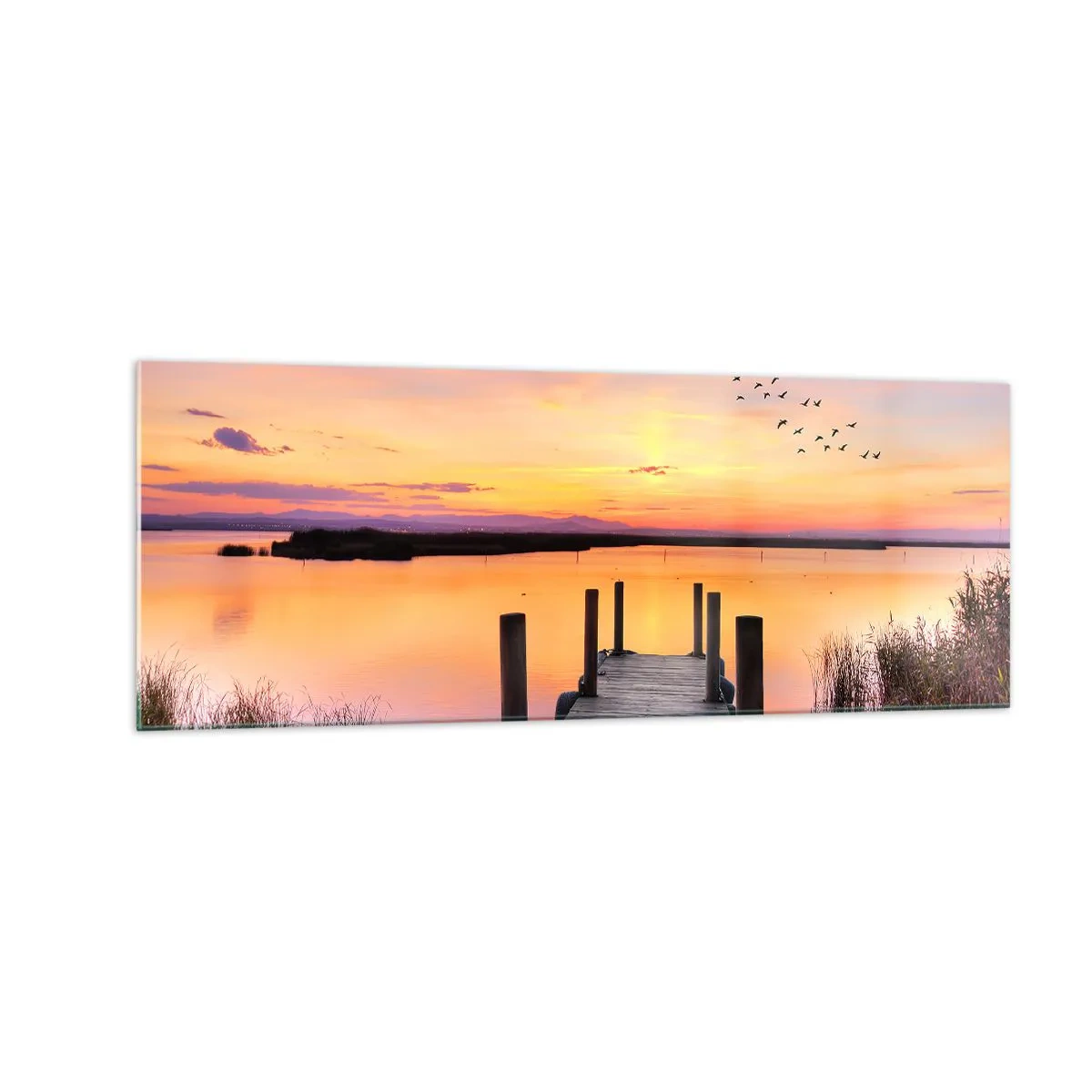 Glasbild - Bild auf glas - Ein Pier an einem See bei Sonnenuntergang mit Vögeln am Himmel - 140x50cm - Violette stille Morgendämmerung - Moderne Wanddekoration für Wohnzimmer und Schlafzimmer ARTTOR