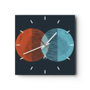 Wanduhr - Glasuhr - Zwei orange und blaue Kreise auf dunklem Hintergrund - 30x30cm - Astronomische Fantasie - Moderne Wanddekoration für Wohnzimmer und Schlafzimmer ARTTOR