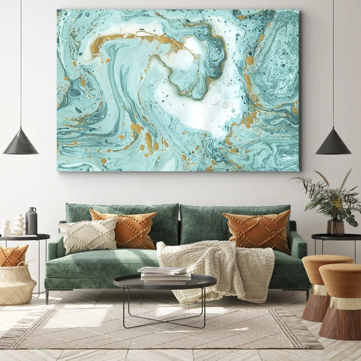 Bild auf Leinwand - Leinwandbild - Türkisfarbener Marmor mit goldenen Akzenten in einer abstrakten Komposition - 70x50cm - Unter der großen Welle der Edo-Ära - Moderne Wanddekoration für Wohnzimmer und Schlafzimmer ARTTOR