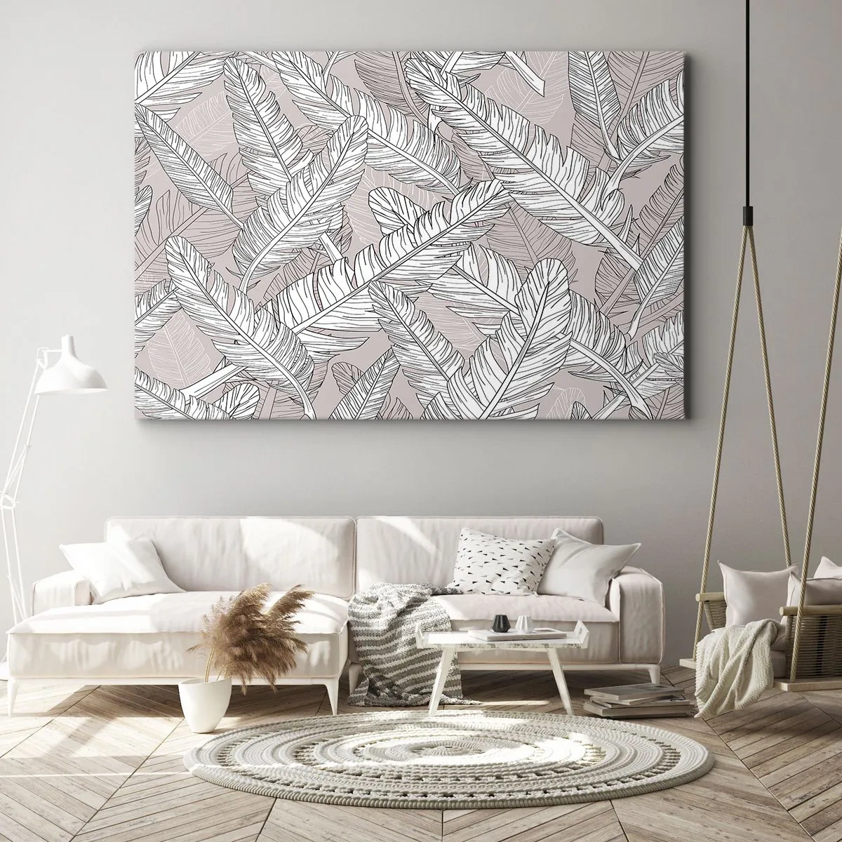 Bild auf Leinwand - Leinwandbild - Schwarz-weißes Muster mit Bananenblättern auf hellem Hintergrund - 120x80cm - Ein Federwirbel - Moderne Wanddekoration für Wohnzimmer und Schlafzimmer ARTTOR