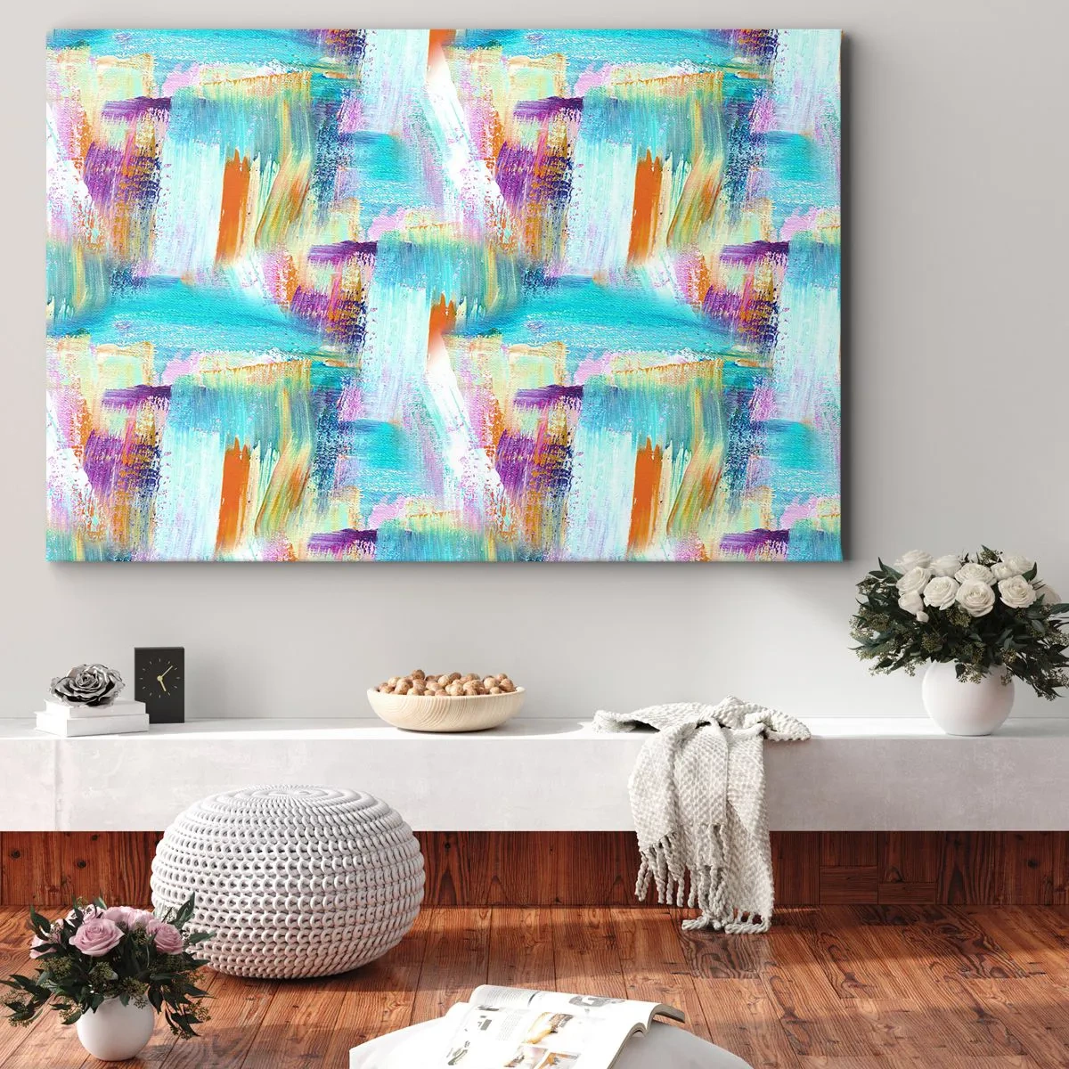 Bild auf Leinwand - Leinwandbild - Farbenfrohe Abstraktion mit dynamischen Pinselstrichen - 70x50cm - Fröhlicher Labyrinth-Liner - Moderne Wanddekoration für Wohnzimmer und Schlafzimmer ARTTOR