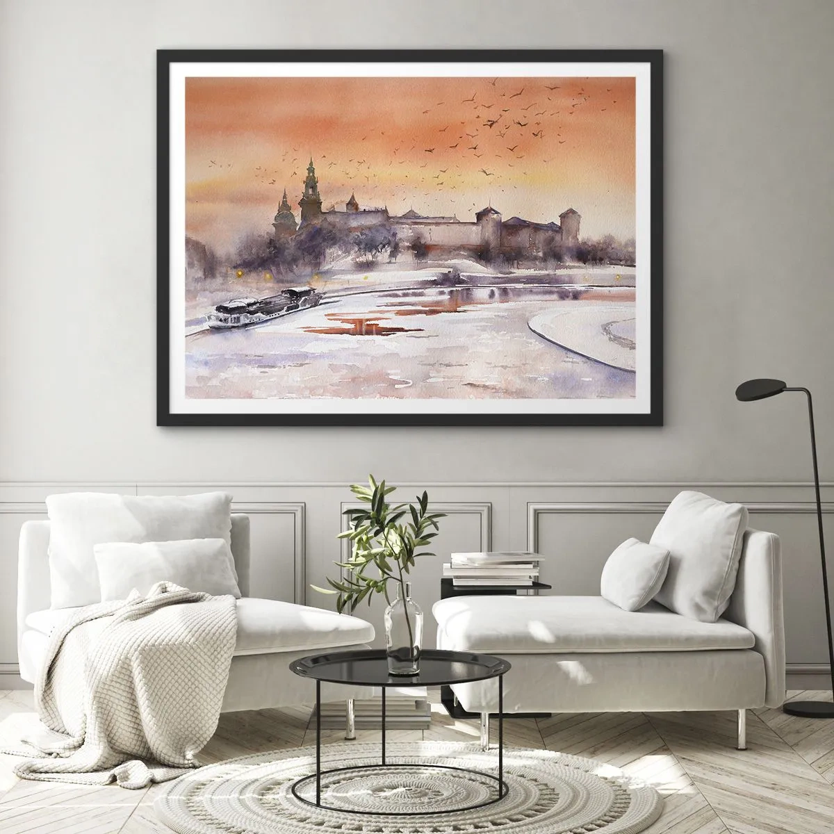 Poster in einem schwarzem Rahmen - Sonnenuntergang über dem Schloss in einer Winterlandschaft - 70x50cm - Königlicher Sonnenuntergang - Moderne Wanddekoration für Wohnzimmer und Schlafzimmer ARTTOR