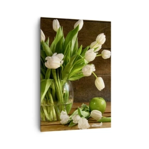 Bild auf Leinwand - Leinwandbild - Ein Strauß weißer Tulpen in einer Glasvase mit grünen Äpfeln - 70x100cm - Saftig und frisch in Grün und Weiß - Moderne Wanddekoration für Wohnzimmer und Schlafzimmer ARTTOR
