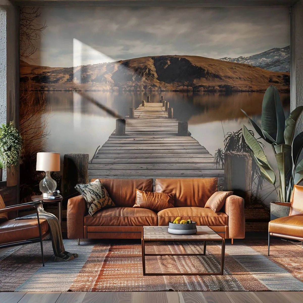 Fototapete Premium Sand - Ein Holzsteg über einem ruhigen See mit Bergkulisse - 100x70cm - Landschaft in Stille - Moderne Wanddekoration für Wohnzimmer und Schlafzimmer ARTTOR