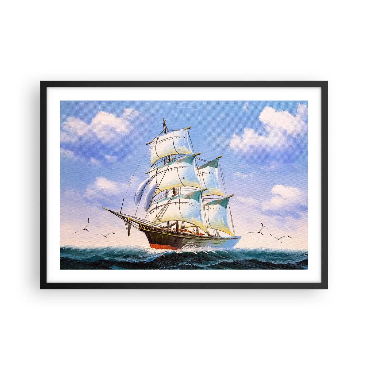 Poster in einem schwarzem Rahmen - Ein Segelschiff auf offener See unter blauem Himmel - 70x50cm - Mit Stolz mit dem Wind - Moderne Wanddekoration für Wohnzimmer und Schlafzimmer ARTTOR