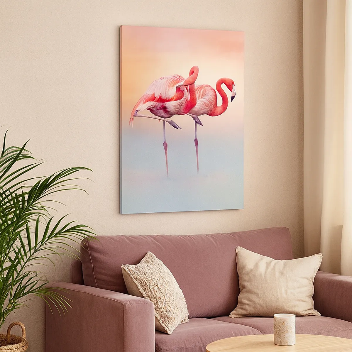 Bild auf Leinwand - Leinwandbild - Flamingos in zarten Pastellfarben auf Wasserhintergrund - 50x70cm - Die Farbe der untergehenden Sonne - Moderne Wanddekoration für Wohnzimmer und Schlafzimmer ARTTOR