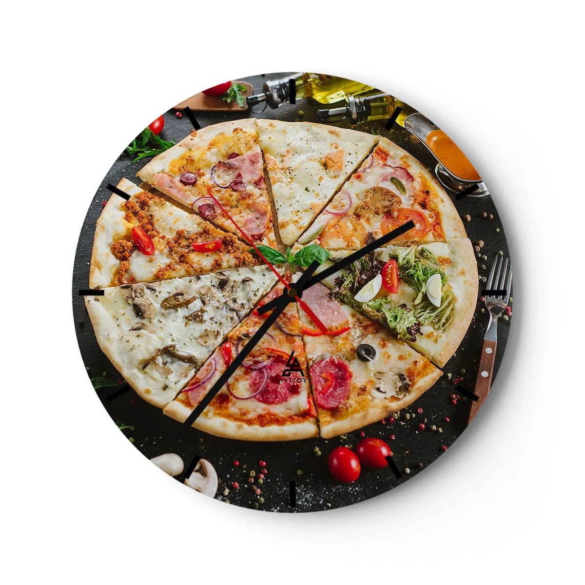 Wanduhr - Glasuhr - Appetitliche Pizza mit verschiedenen Belägen auf schwarzem Hintergrund - 30x30cm - Eine Reihe von Geschmacksrichtungen - Moderne Wanddekoration für Wohnzimmer, Küche und Schlafzimmer ARTTOR