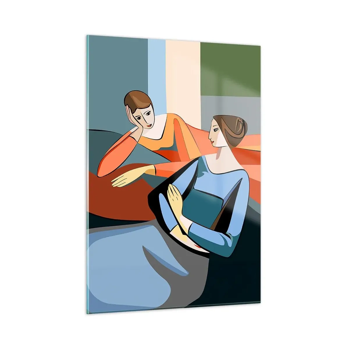 Glasbild - Bild auf glas - Eine geometrische Szene eines Gesprächs zwischen zwei Frauen vor dem Hintergrund eines Innenraums. - 50x70cm - Moment der Zuversicht - Moderne Wanddekoration für Wohnzimmer und Schlafzimmer ARTTOR