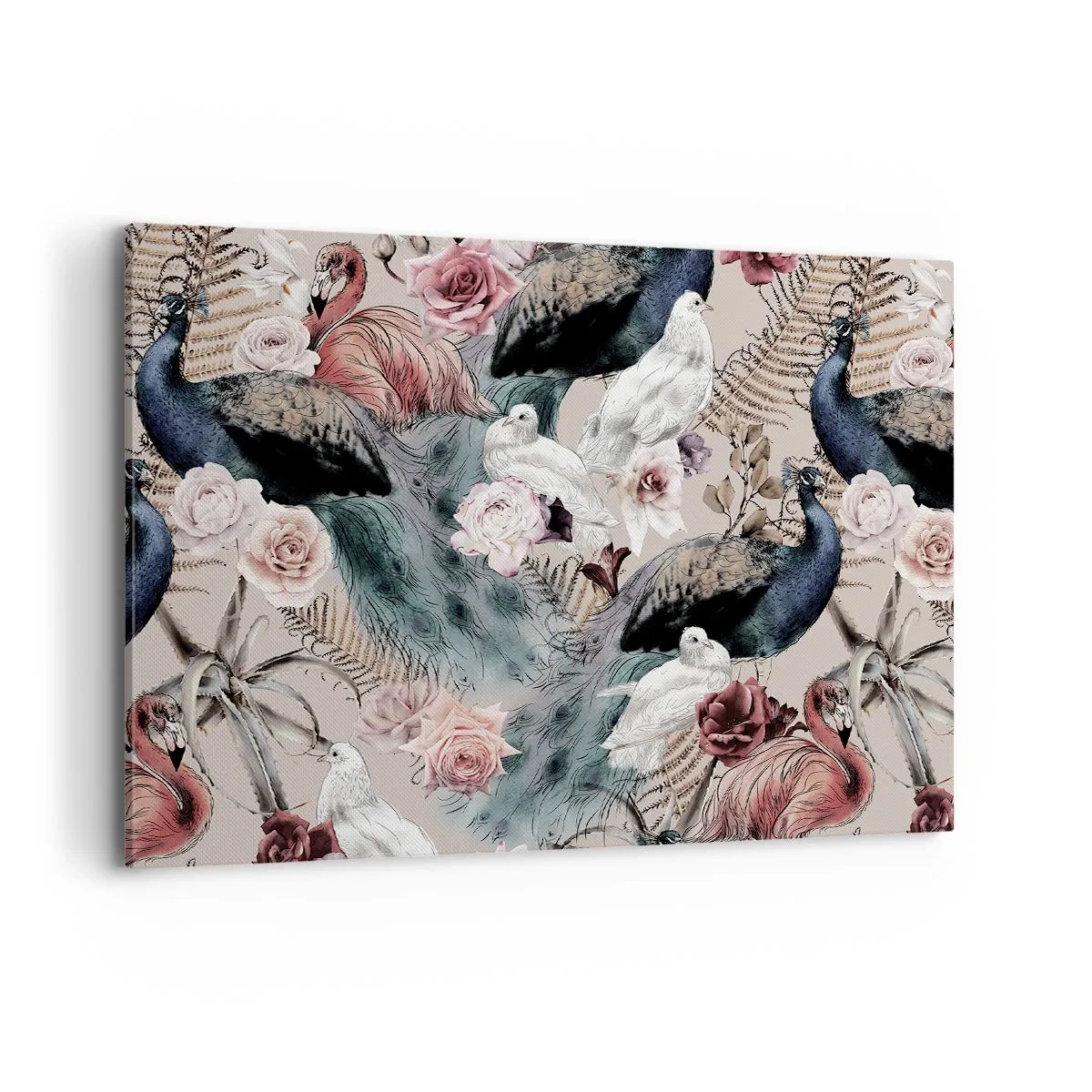 Bild auf Leinwand - Leinwandbild - Eine Landschaft mit Pfauenfedern, Rosen und Vögeln im romantischen Stil. - 100x70cm - Im Schlossgarten - Moderne Wanddekoration für Wohnzimmer und Schlafzimmer ARTTOR