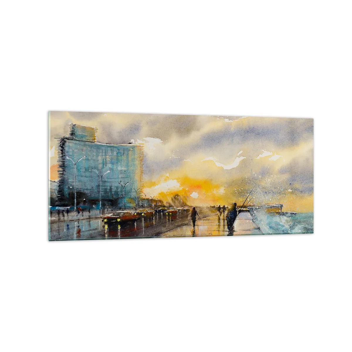 Glasbild - Bild auf glas - Ein malerischer Blick auf die Strandpromenade bei Sonnenuntergang - 120x50cm - Leben am Ufer - Moderne Wanddekoration für Wohnzimmer und Schlafzimmer ARTTOR