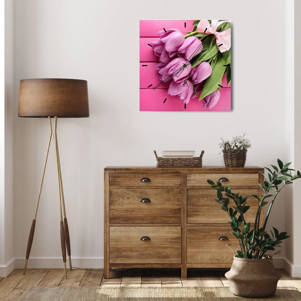 Wanduhr - Glasuhr - Ein Strauß rosa Tulpen mit Schleife auf rosa Hintergrund - 30x30cm - Nur für dich - Moderne Wanddekoration für Wohnzimmer und Schlafzimmer ARTTOR
