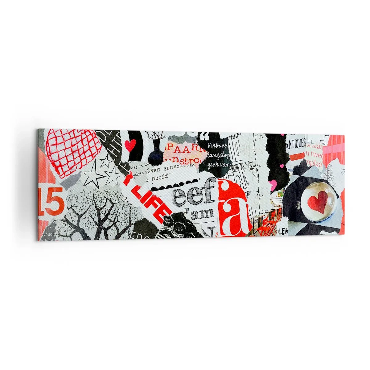 Bild auf Leinwand - Leinwandbild - Eine bunte Collage mit Aufschriften, Herzen und Grafiken. - 160x50cm - Hipster-Collage - Moderne Wanddekoration für Wohnzimmer und Schlafzimmer ARTTOR