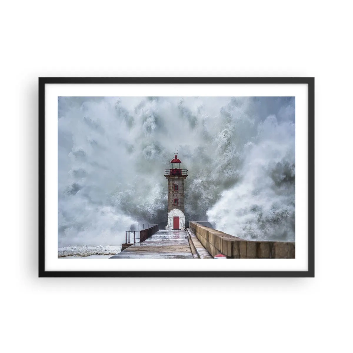 Poster in einem schwarzem Rahmen - Ein Leuchtturm, umgeben von rauen Wellen - 70x50cm - Das Rauschen des Wassers, der Lärm wird wehen - Moderne Wanddekoration für Wohnzimmer und Schlafzimmer ARTTOR