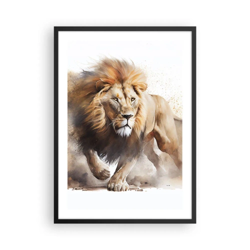 Poster in einem schwarzem Rahmen - Ein stattlicher Löwe in Bewegung im malerischen Stil - 50x70cm - Der König zog um - Moderne Wanddekoration für Wohnzimmer und Schlafzimmer ARTTOR