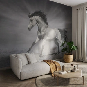 Fototapete Premium Sand - Ein schwarz-weißes Pferd, das vor einem Wüstenhintergrund rennt - 100x70cm - Geboren um Freude zu bereiten - Moderne Wanddekoration für Wohnzimmer und Schlafzimmer ARTTOR